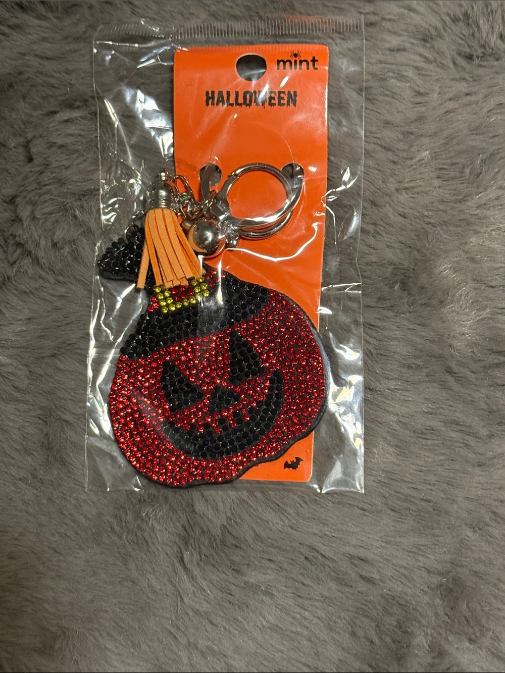 Mint Red and Black Pumpkin Halloween Keychain with Orange Tassel